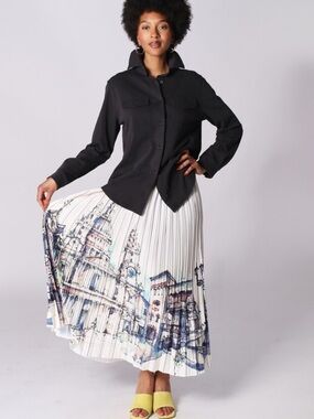 Bailey Pleated Cream Midi Skirt with Architectural Print size M